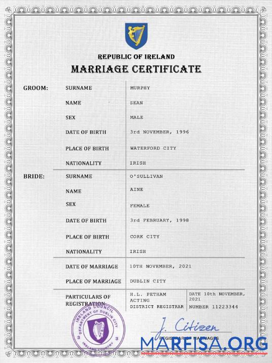 Downloadable Ireland marriage certificate PSD template